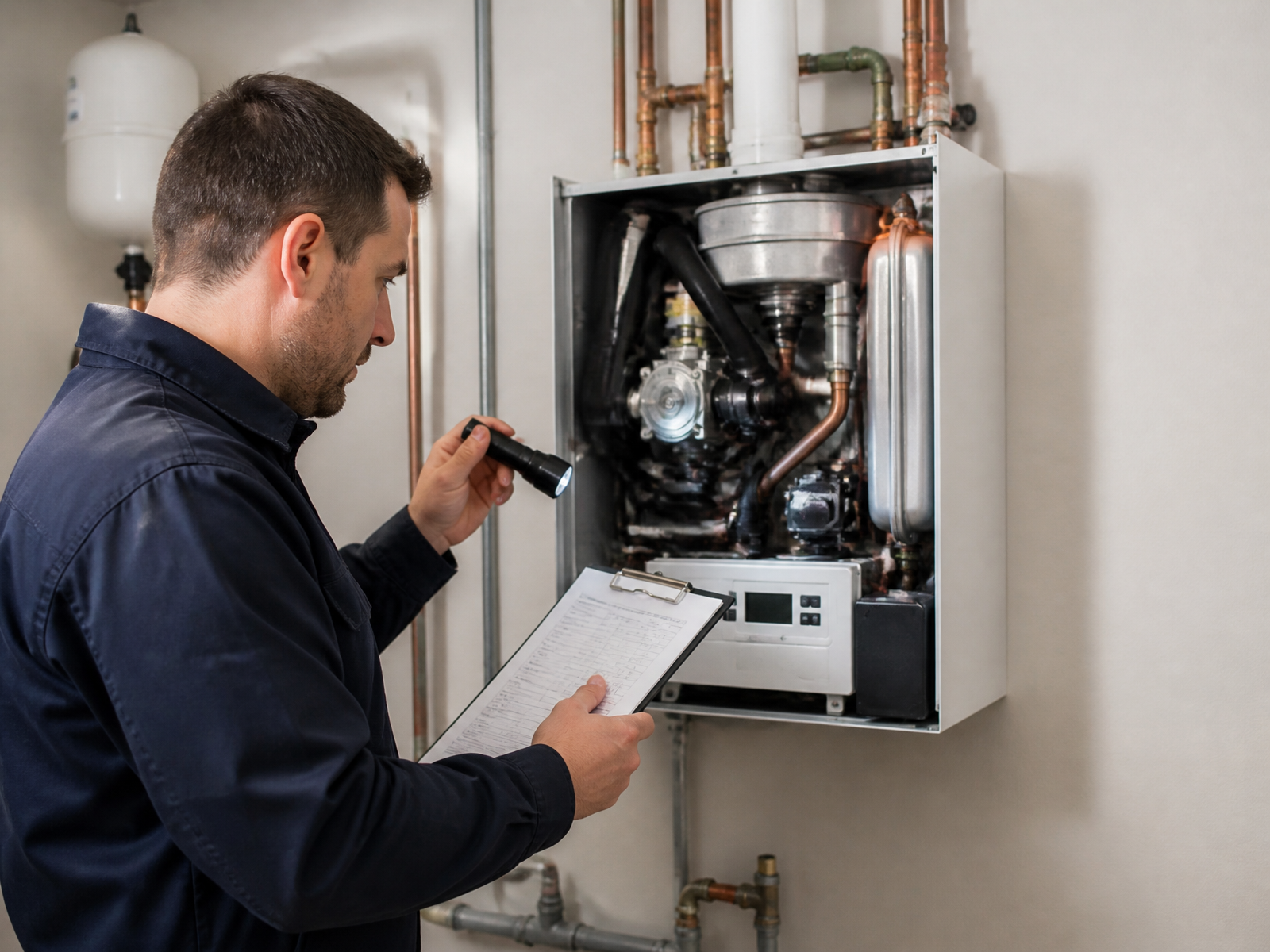 Servisný technik kontroluje otvorený závesný kondenzačný kotol